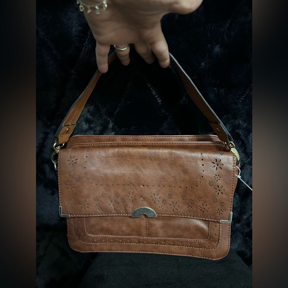 EUC~NICA brown leather handbag organizer,cut-out details, size 11.5”x 8”x 4"